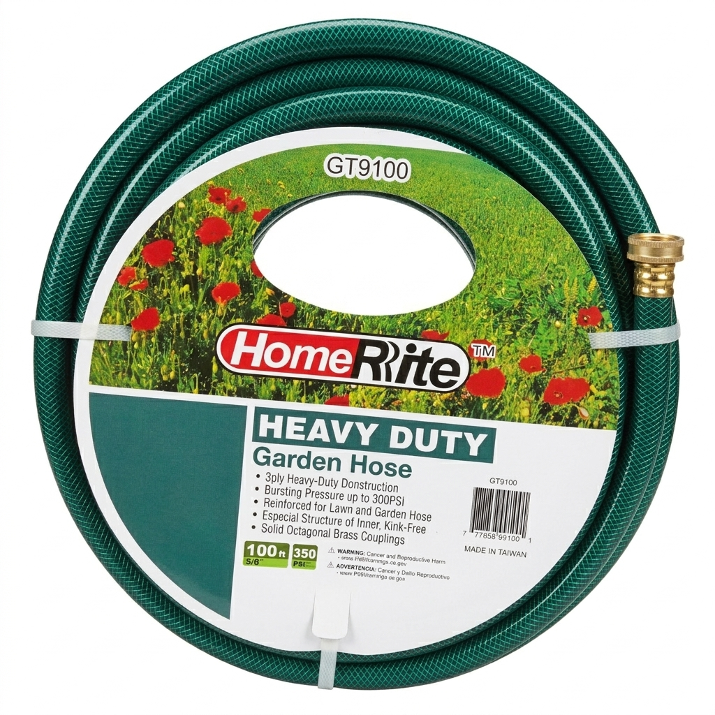 100ft Green garden hose with Home Rite label on a white background