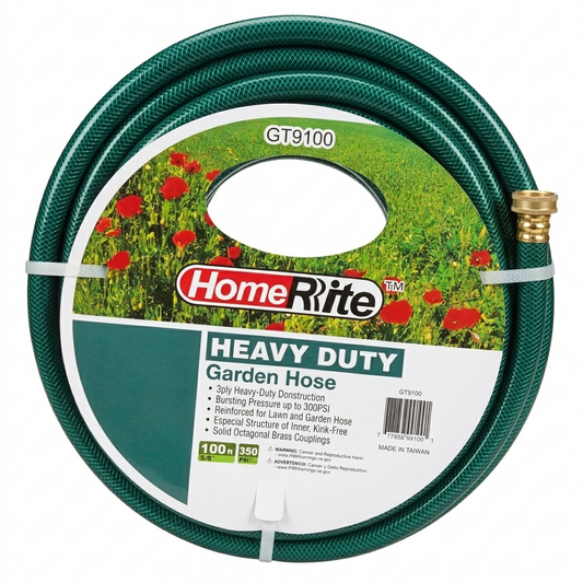 100ft Green garden hose with Home Rite label on a white background