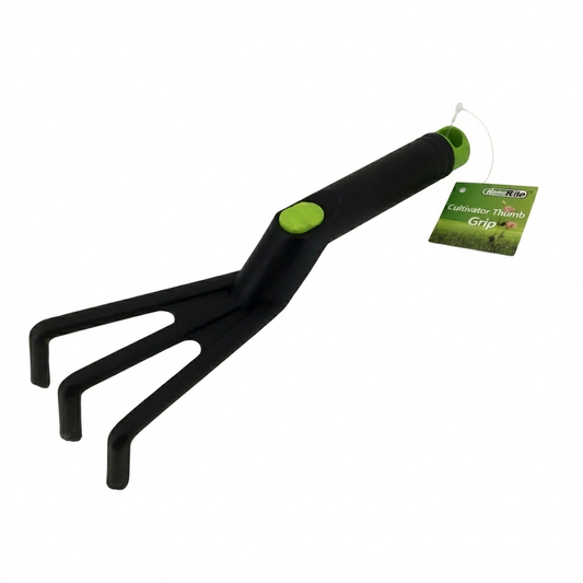 Black cultivator with green handles on a white background