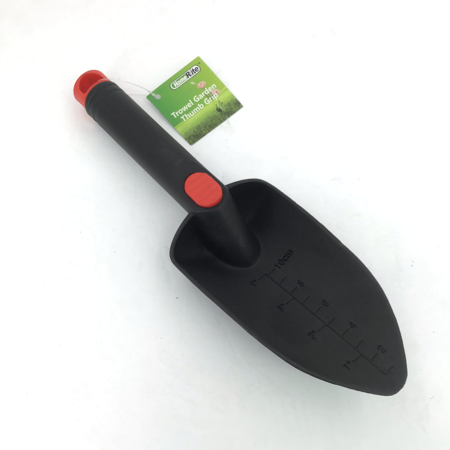 Black garden trowel with red accents on a white background