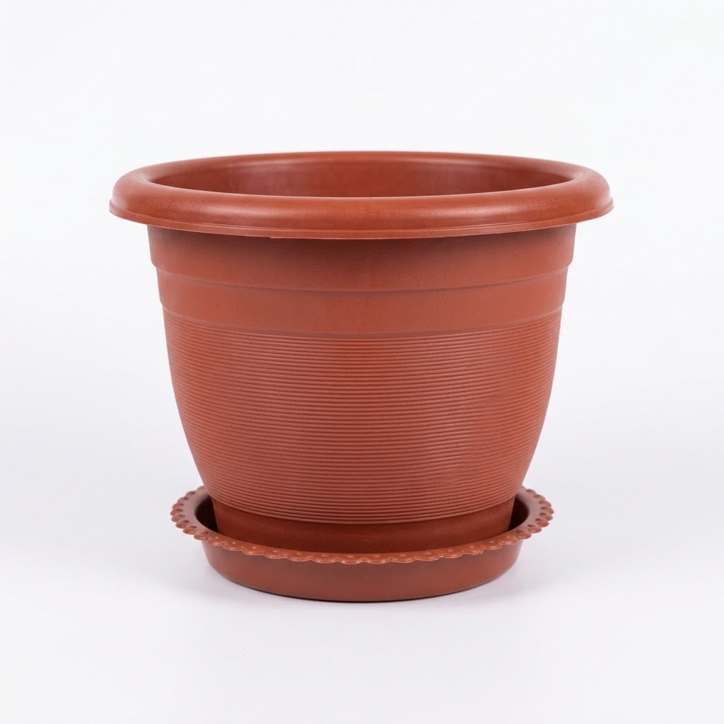7" Plastic Flower Pot with Drainage Tray, Terracotta Finish, Wholesale