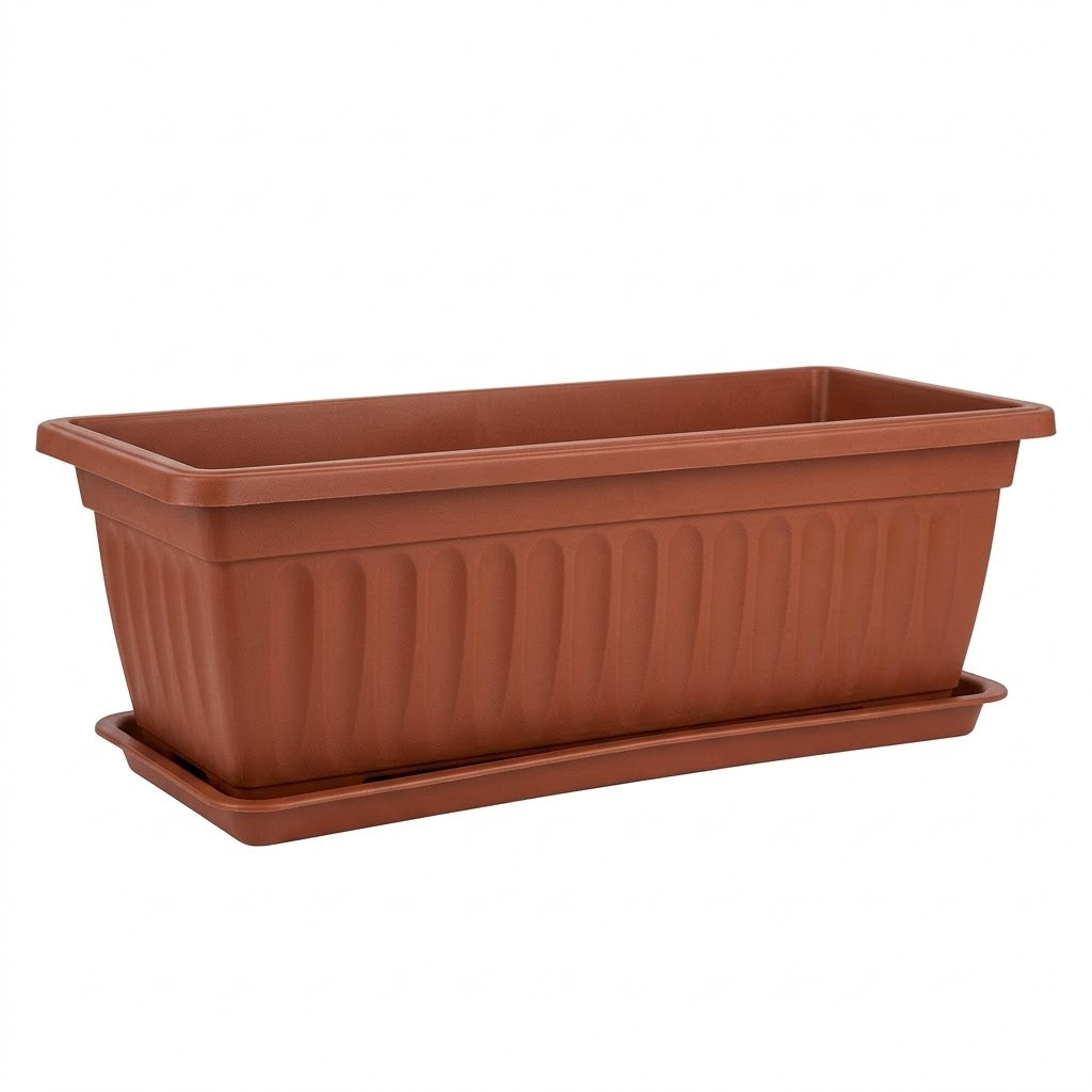 17.5" Rectangular Plastic Window Box Planter with Drainage Tray, Terracotta, Wholesale