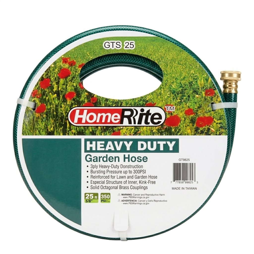 HomeRite 25ft heavy-duty garden hose with label on a white background