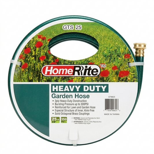 HomeRite 25ft heavy-duty garden hose with label on a white background