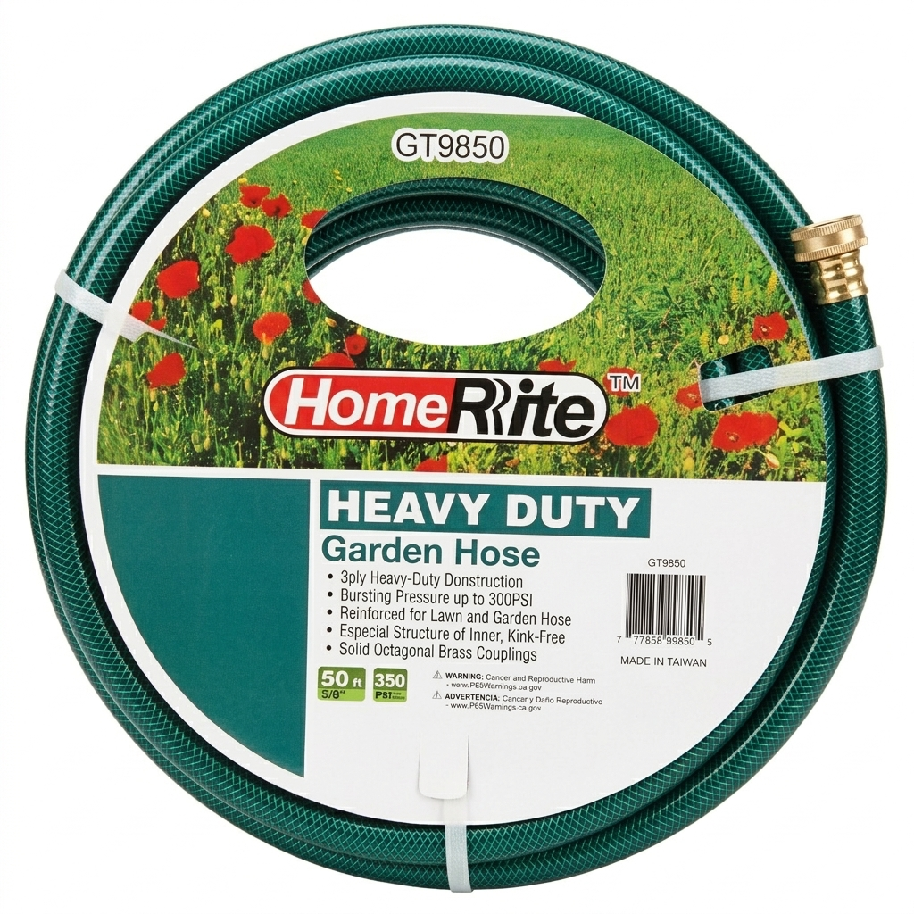 Home Rite 50ft heavy-duty garden hose with label on a white background