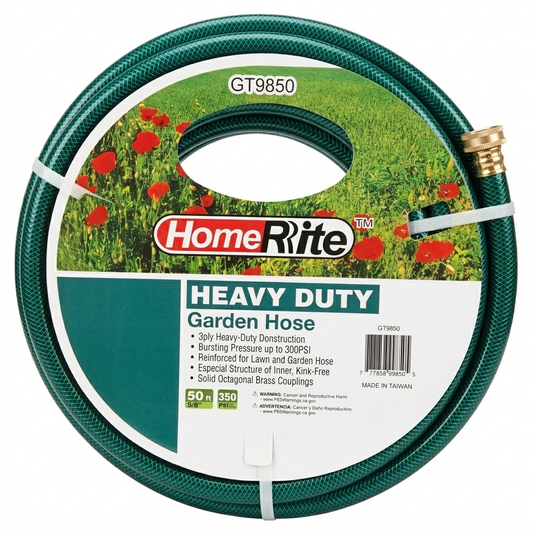 Home Rite 50ft heavy-duty garden hose with label on a white background