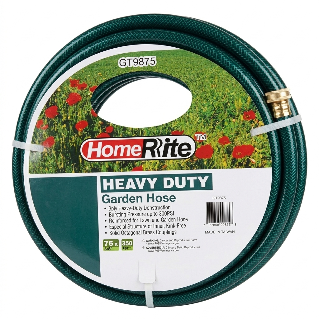 HomeRite 75ft heavy-duty garden hose on a white background