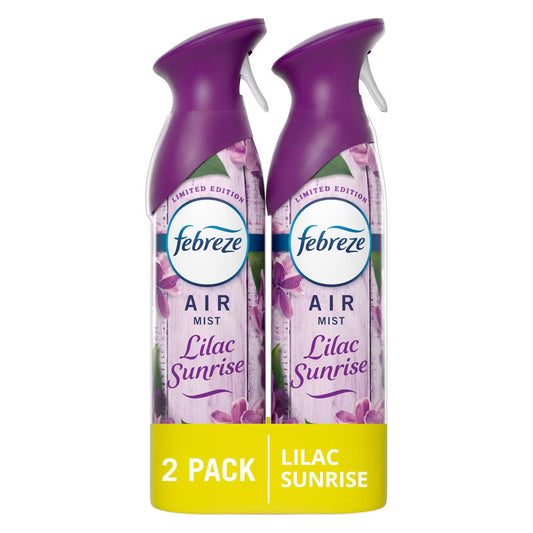 Two bottles of Febreze Air Mist Lilac Sunrise on a white background