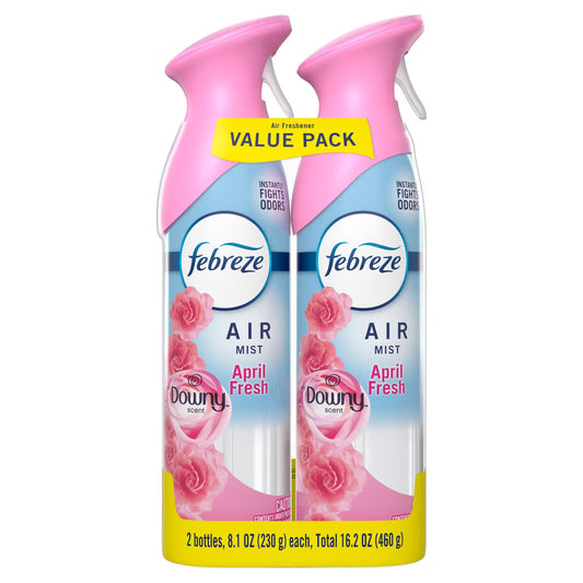 Two bottles of Febreze Air Mist April Fresh with Downy Scent on a white background
