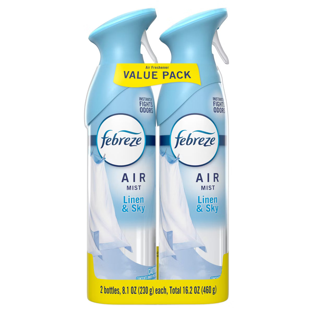 Two bottles of Febreze Air Mist Linen & Sky on a white background
