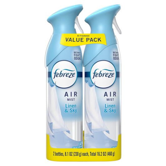Two bottles of Febreze Air Mist Linen & Sky on a white background