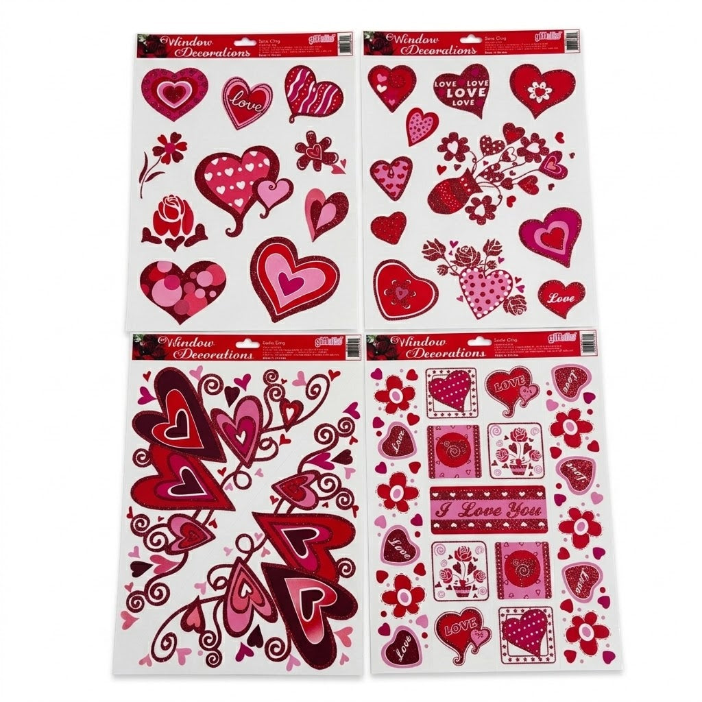 Valentine's Day Hearts & Roses Window Cling Decoration Sheets - Assorted Glitter Designs | Wholesale