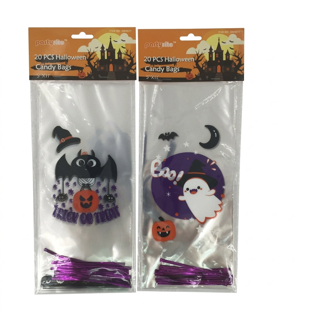 PartyRite 5" x 11" Halloween Cellophane Candy Bags with Twist Ties, 20-Count Pack, 4 Assorted Designs, Wholesale