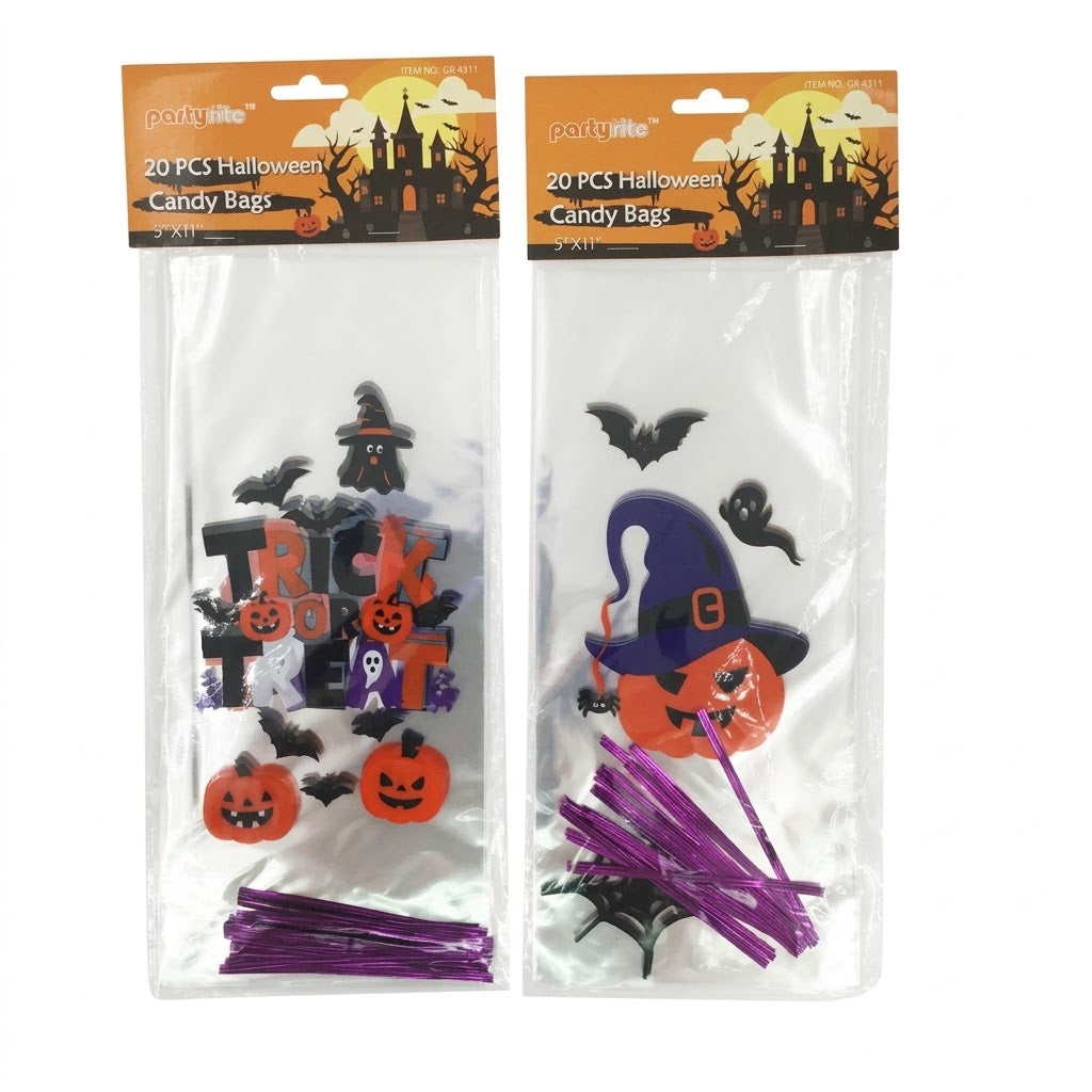 PartyRite 5" x 11" Halloween Cellophane Candy Bags with Twist Ties, 20-Count Pack, 4 Assorted Designs, Wholesale