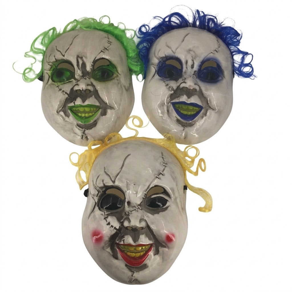 Partyrite Creepy Doll & Clown Halloween Masks with Curly Hair, 3 Assorted Styles, Wholesale