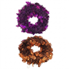 Two Halloween-themed artificial wreaths on a plain white background. The top wreath is made of dark purple and black tinsel with purple hanging flowers.
