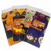Four packages of Party No.1 Halloween plastic tablecloths fanned out on a white background, showing different colorful designs including jack-o'-lanterns, bats, ghosts, and a wizard.