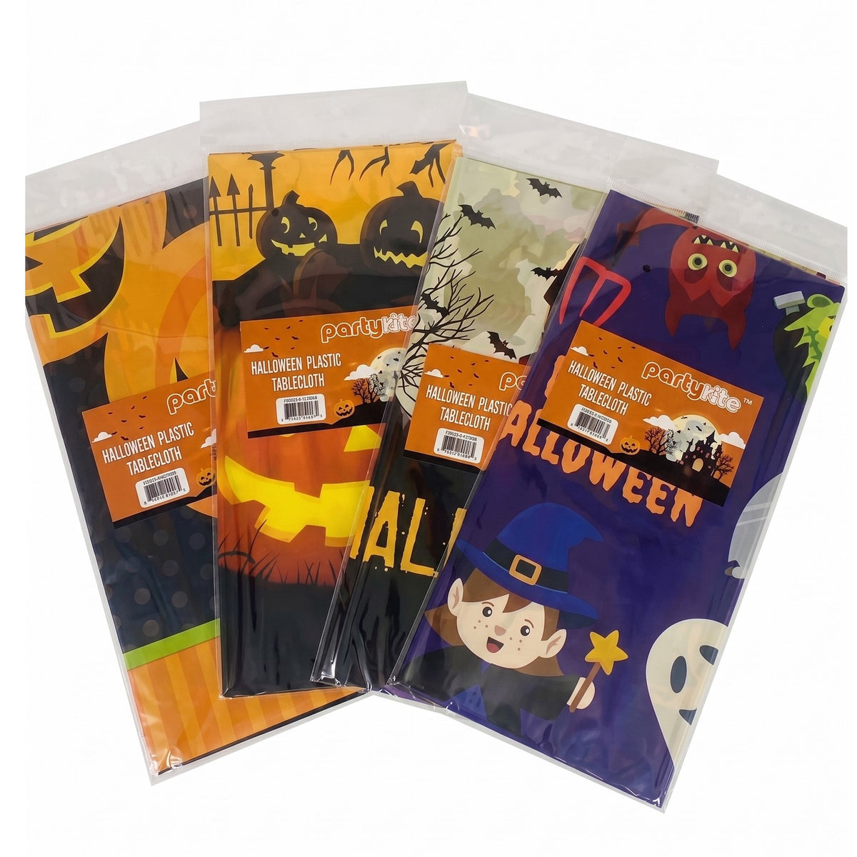Four packages of Party No.1 Halloween plastic tablecloths fanned out on a white background, showing different colorful designs including jack-o'-lanterns, bats, ghosts, and a wizard.