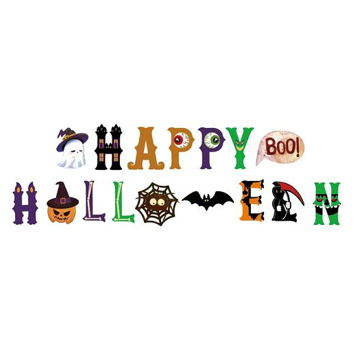 Halloween letter banner spelling 'HAPPY BOO!' with spooky character designs including a ghost, haunted houses, witch hat, spiderwebs, bat, and skeleton on a white background.