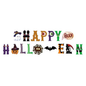 Halloween letter banner spelling 'HAPPY BOO!' with spooky character designs including a ghost, haunted houses, witch hat, spiderwebs, bat, and skeleton on a white background.