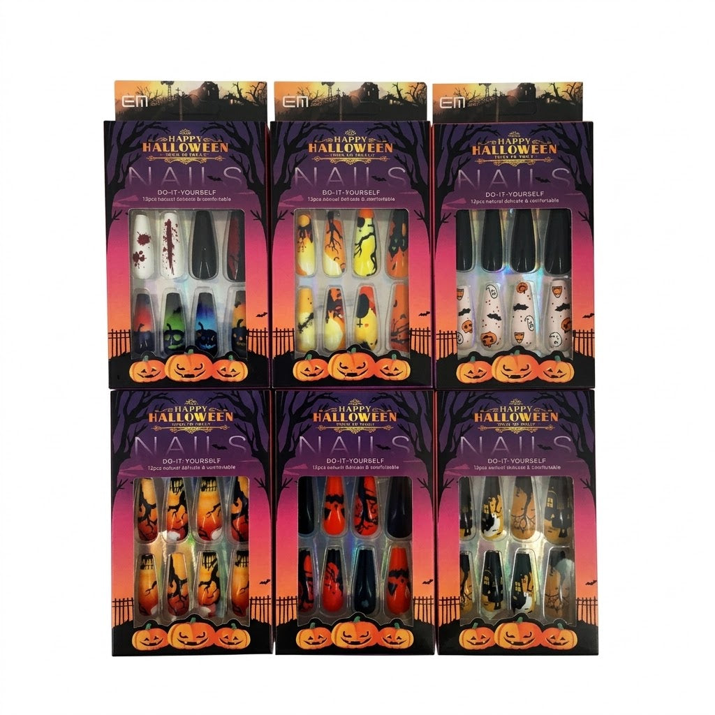 Six packages of Halloween-themed press-on nails arranged in a 2x3 grid on a plain white background. Each package contains four different nail designs with spooky illustrations like pumpkins, bats, ghosts, and witches, set against dark purple and orange packaging.
