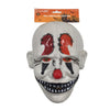 A novelty scary clown Halloween mask with a white base, red nose, red and orange forehead details, and a wide black grin showing teeth, hanging from an orange retail header card on a white background.
