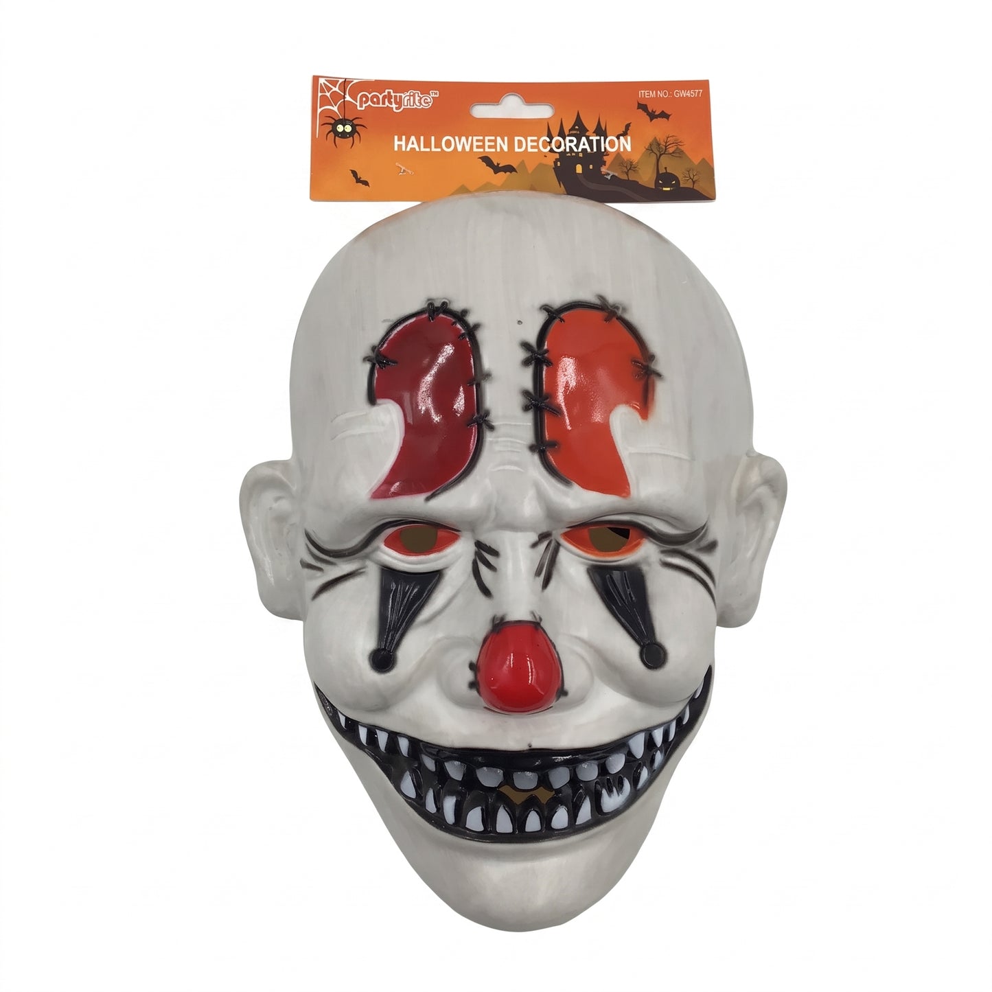 A novelty scary clown Halloween mask with a white base, red nose, red and orange forehead details, and a wide black grin showing teeth, hanging from an orange retail header card on a white background.