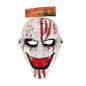 A white plastic Halloween mask with a creepy, wide grin, red blood-like streaks, and black splatters, shown with its orange retail header card on a white background.