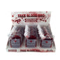 A retail display box containing 24 small fake blood bags labeled 'FAKE BLOOD BAG' and 'ARTIFICIAL BLOOD SPECIAL EFFECTS' with 'EMERGENCY BLOOD' on the front labels.