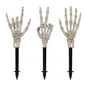 Three plastic skeleton hand garden stakes shown against a plain white background.
