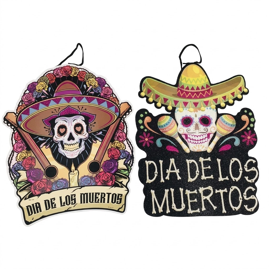 PartyRite 14" x 14" Dia de los Muertos Sugar Skull Foam Core Hanging Signs, Assorted Designs, Wholesale