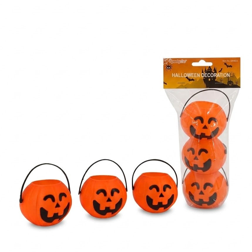 Partyrite 2" Mini Halloween Pumpkin Candy Buckets (3-Pack) - Novelty Jack-o'-Lantern Treat Pails | Wholesale
