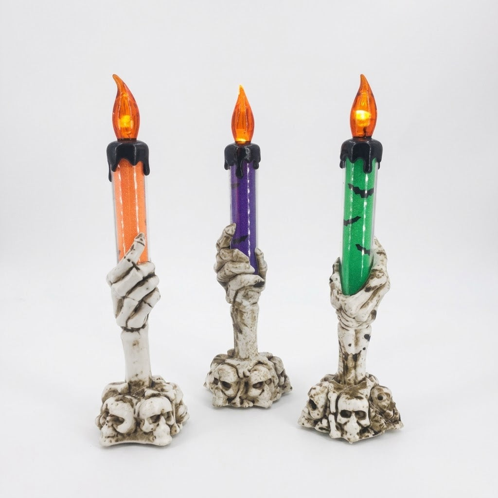 8" Skeleton Hand Halloween LED Taper Candle with Skull Base, 3 Assorted Colors, Wholesale