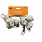 A Halloween skull garland with multiple small white skulls and round white ornaments attached to a rope, hanging from an orange retail header card. The header reads 'Skull Garland 72 Inch / 182.