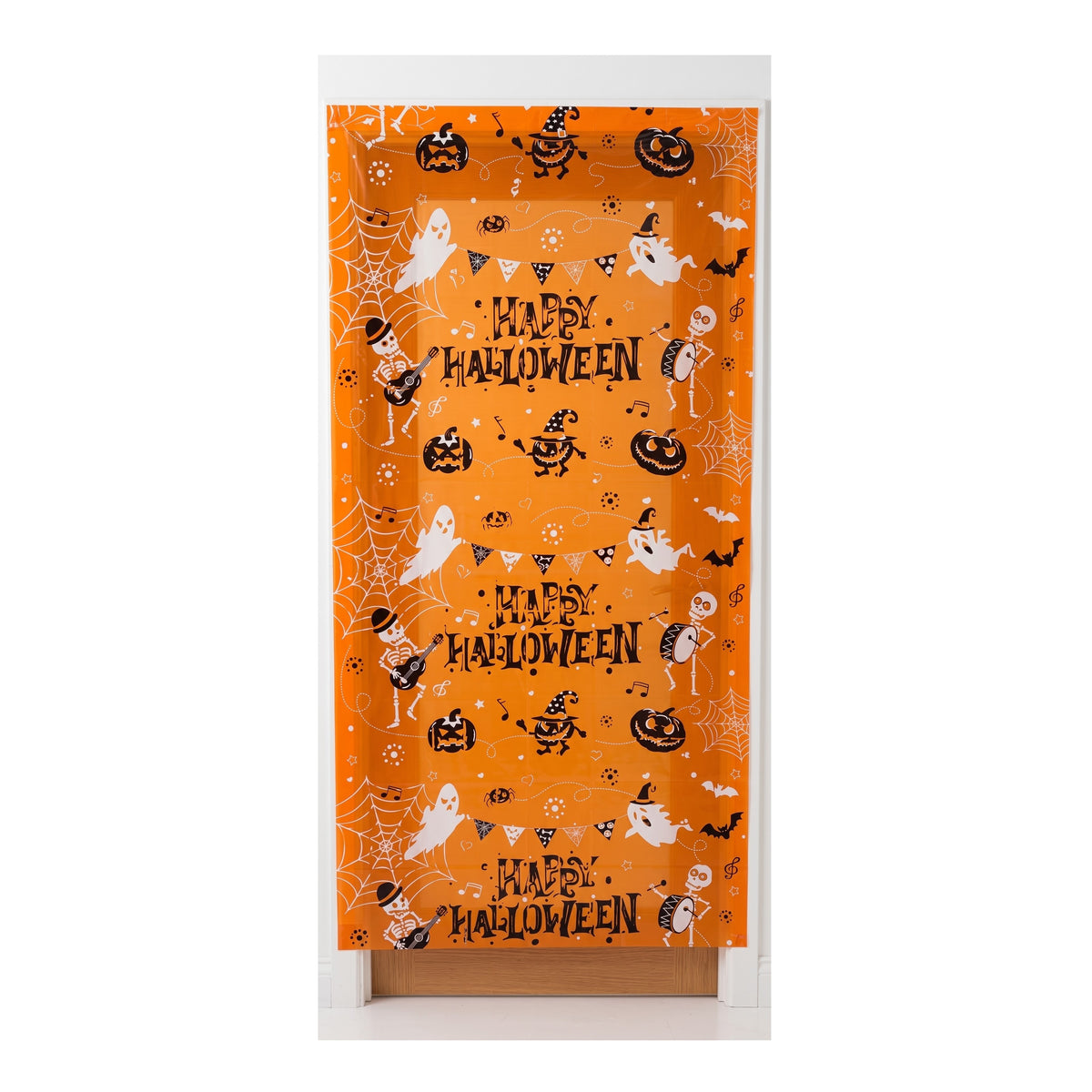 An orange Halloween-themed door curtain featuring 'Happy Halloween' text and spooky illustrations of ghosts, pumpkins, bats, and cobwebs.