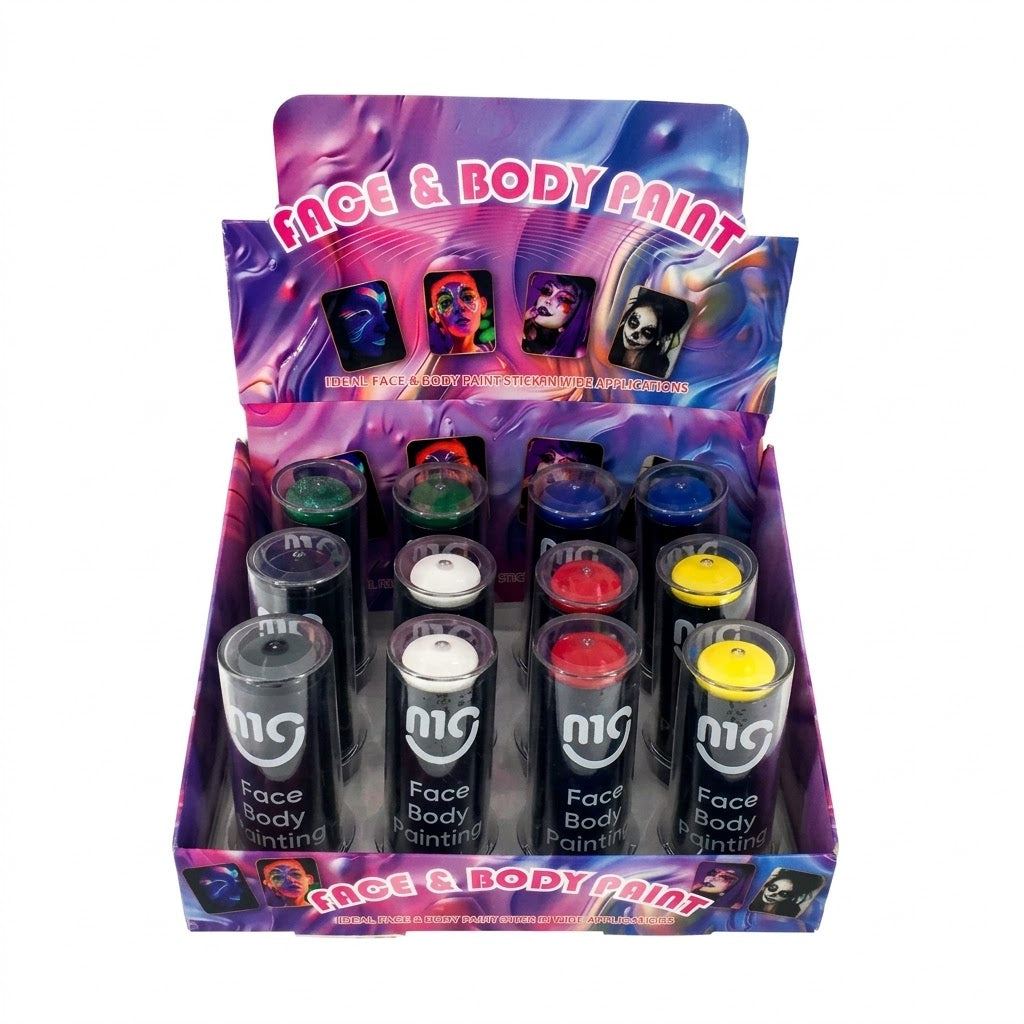 A retail display box of Face & Body Paint containing 12 small spray paint bottles in various colors, set against a plain white background.