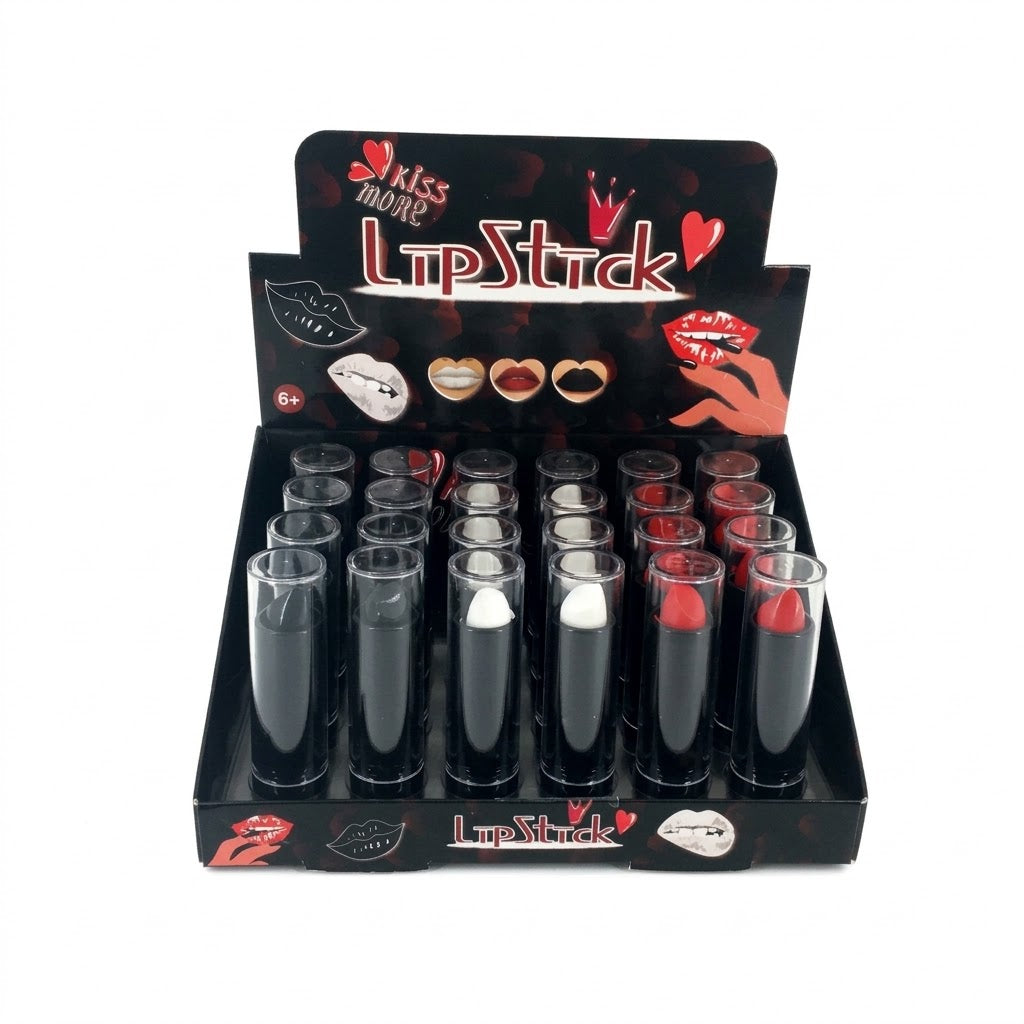 A retail display box filled with lipsticks, branded 'Kiss More LipStick'. The display features multiple shades including black, white, and red, arranged in clear cylindrical tubes inside a black cardboard stand decorated with red lips and hearts.