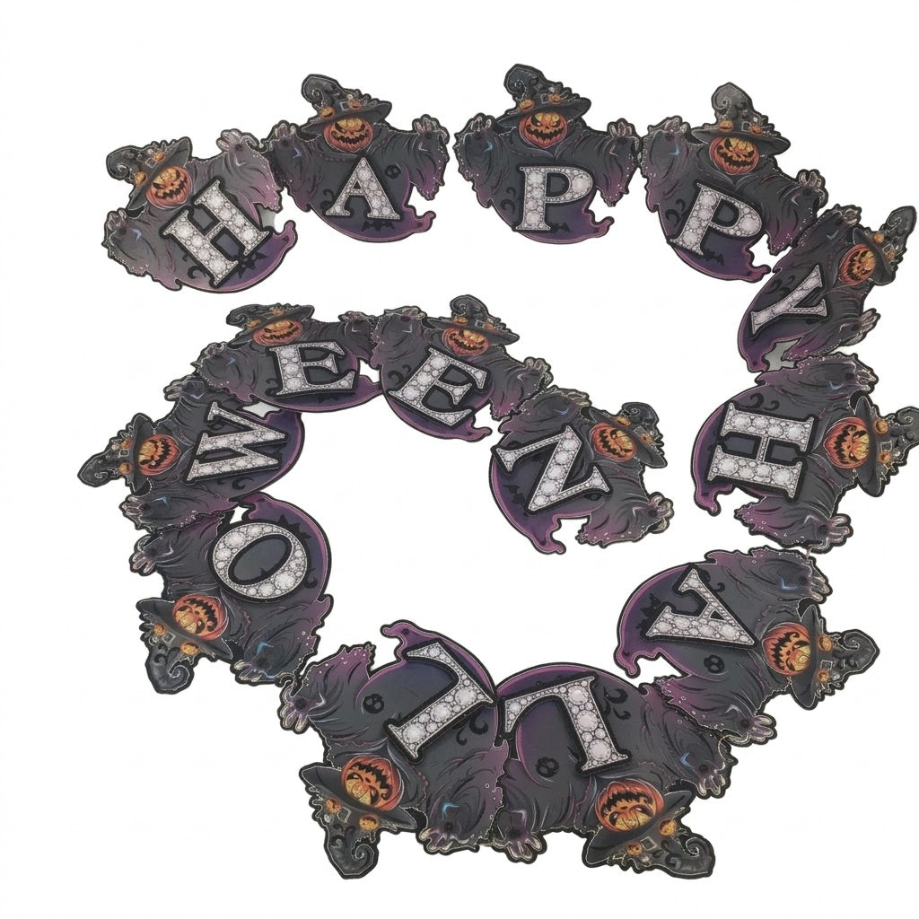 Halloween decorative garland spelling 'HAPPY Halloween' made from bat-shaped ornaments with orange jack-o'-lantern faces, shown on a plain white background.