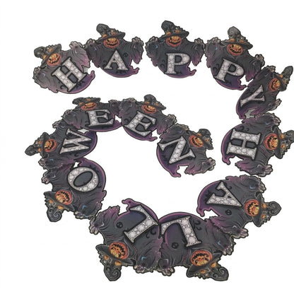 Halloween decorative garland spelling 'HAPPY Halloween' made from bat-shaped ornaments with orange jack-o'-lantern faces, shown on a plain white background.