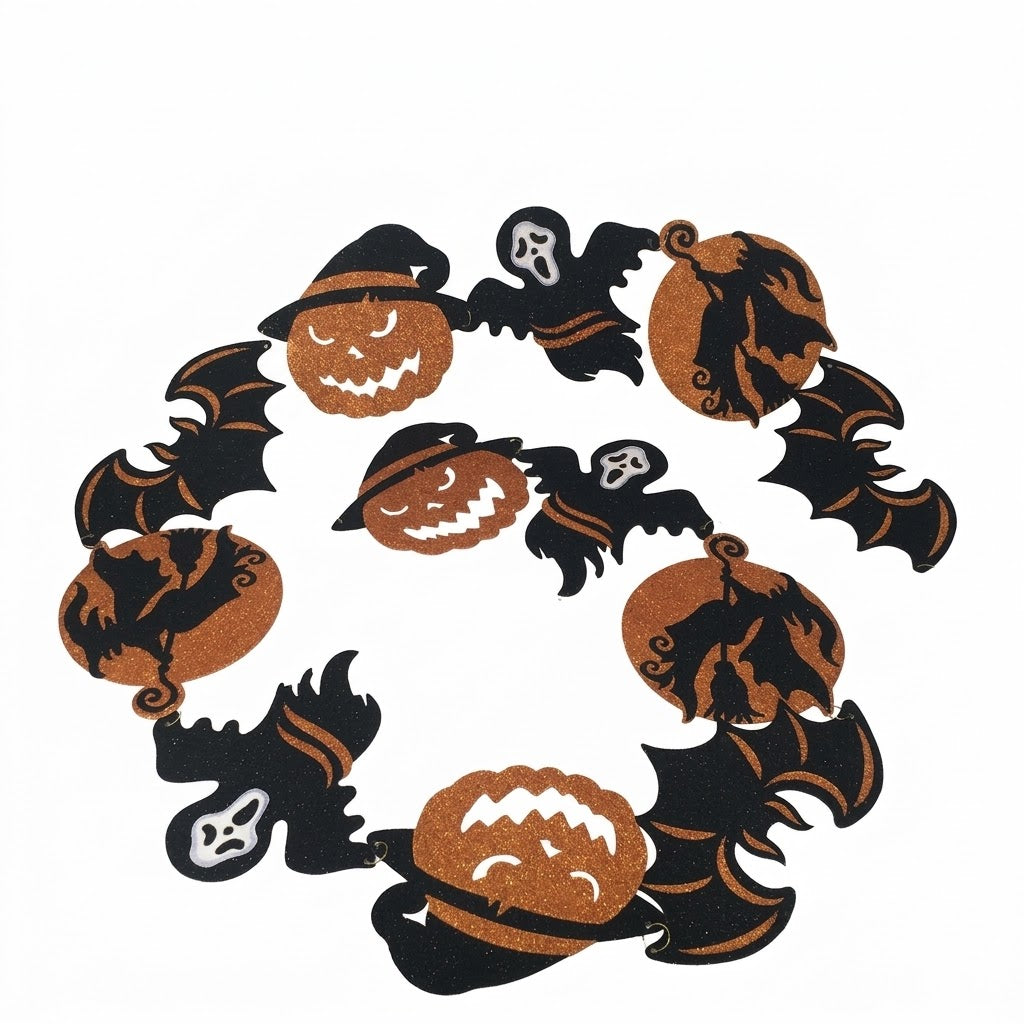A circular Halloween-themed wreath design featuring orange jack-o'-lanterns wearing black witch hats, black bats, and small white skulls on a plain white background.