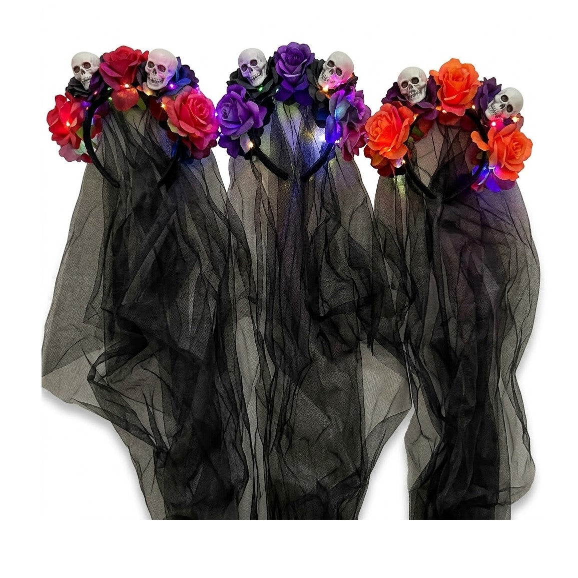 Halloween LED Light-Up Floral Skull Veil Headbands (Assorted Colors) | Wholesale