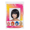 A packaged costume wig with a short black bob and bangs, shown in its retail plastic bag with a colorful pink, orange, and yellow backing card. The card features a large photo of a woman wearing the black wig and four smaller color options in pink, orange, blue, and blonde.