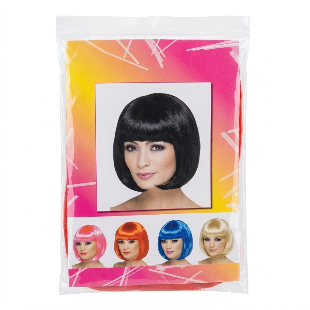 A packaged costume wig with a short black bob and bangs, shown in its retail plastic bag with a colorful pink, orange, and yellow backing card. The card features a large photo of a woman wearing the black wig and four smaller color options in pink, orange, blue, and blonde.