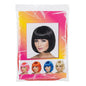 A packaged costume wig with a short black bob and bangs, shown in its retail plastic bag with a colorful pink, orange, and yellow backing card. The card features a large photo of a woman wearing the black wig and four smaller color options in pink, orange, blue, and blonde.