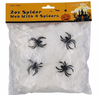 Packaged Halloween decoration set containing white fake spider webs and four black plastic spiders, sealed in a clear plastic bag with an orange header card.