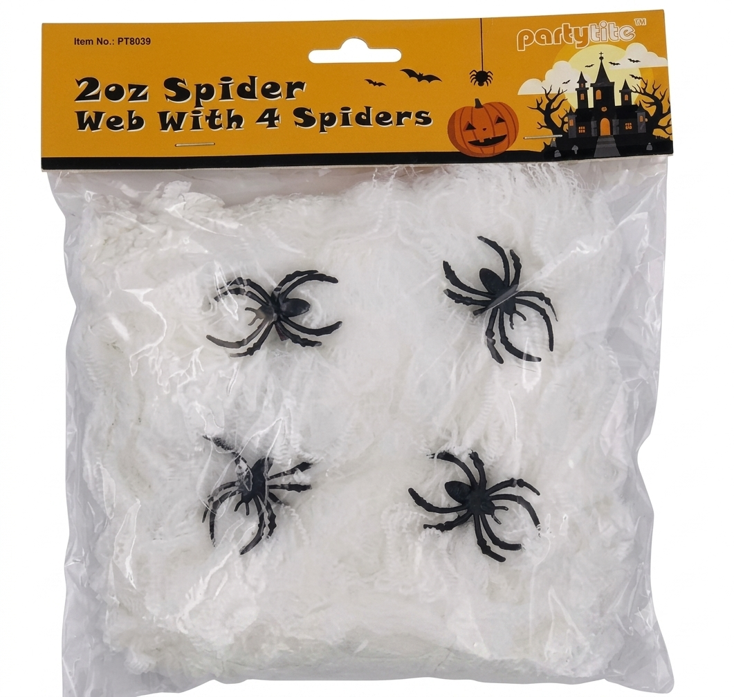 Packaged Halloween decoration set containing white fake spider webs and four black plastic spiders, sealed in a clear plastic bag with an orange header card.