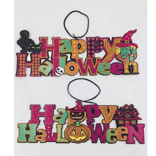 PartyRite 6" x 17" Glitter "Happy Halloween" Foam Core Hanging Signs, Assorted Designs, Wholesale