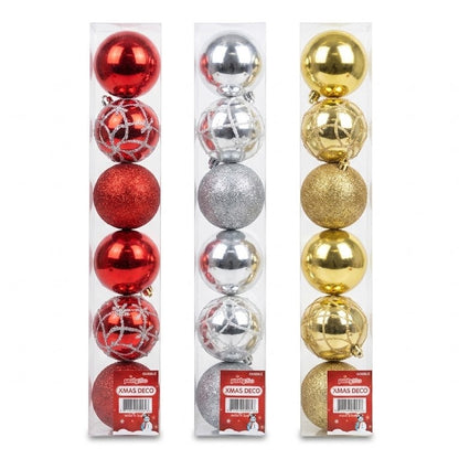 Christmas Shatterproof Glitter & Swirl Ball Ornaments (3.2" / 8cm) - 6-Count Box Sets in Red, Gold & Silver | Wholesale