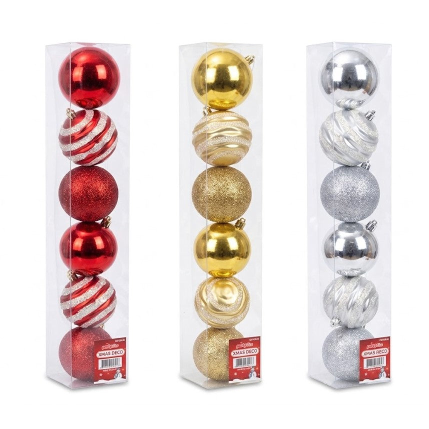 Christmas Shatterproof Glitter & Swirl Ball Ornaments (3.2" / 8cm) - 6-Count Box Sets in Red, Gold & Silver | Wholesale