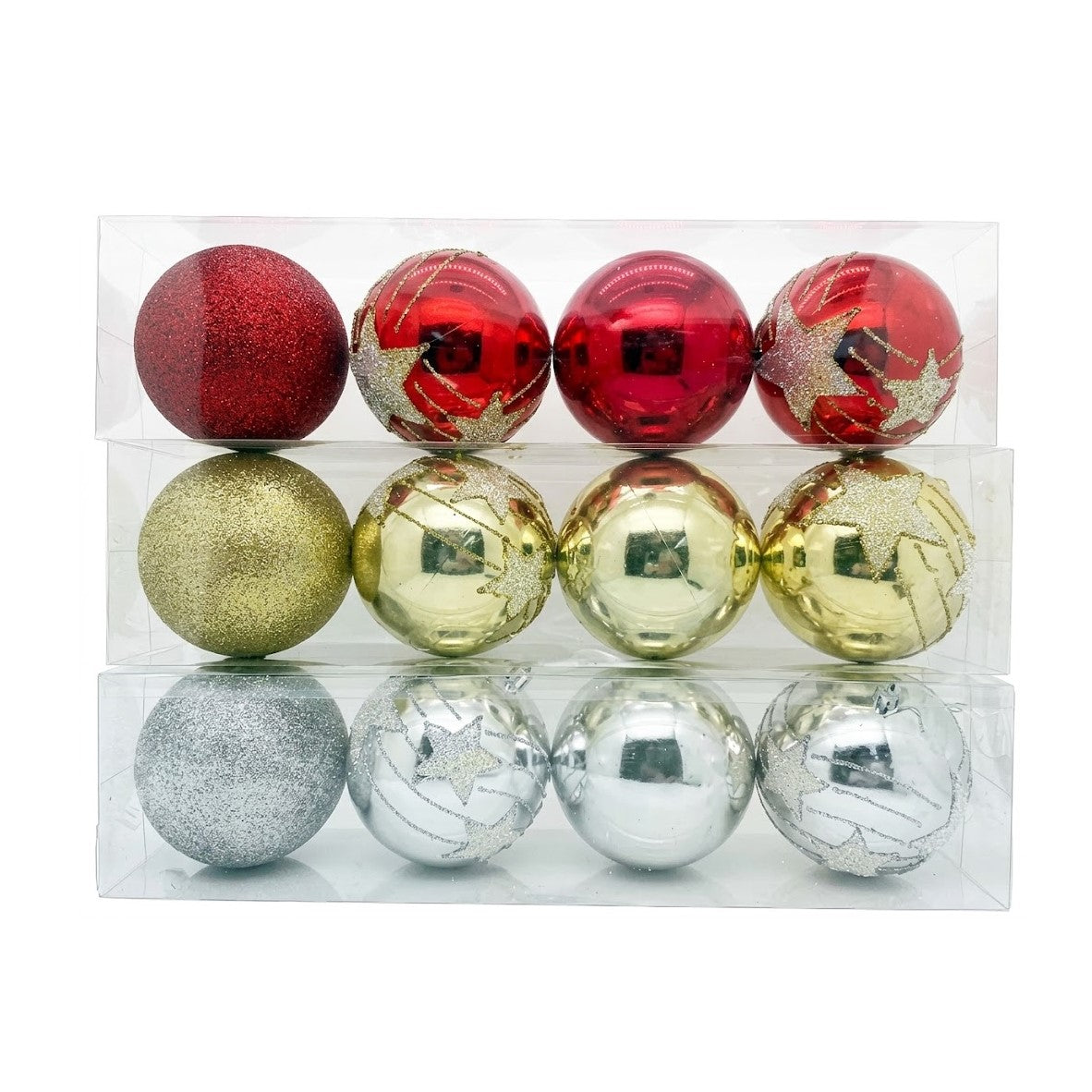 Christmas Shatterproof Glitter & Snowflake Ball Ornaments (4" / 10cm) - 4-Count Box Sets in Red, Gold & Silver | Wholesale